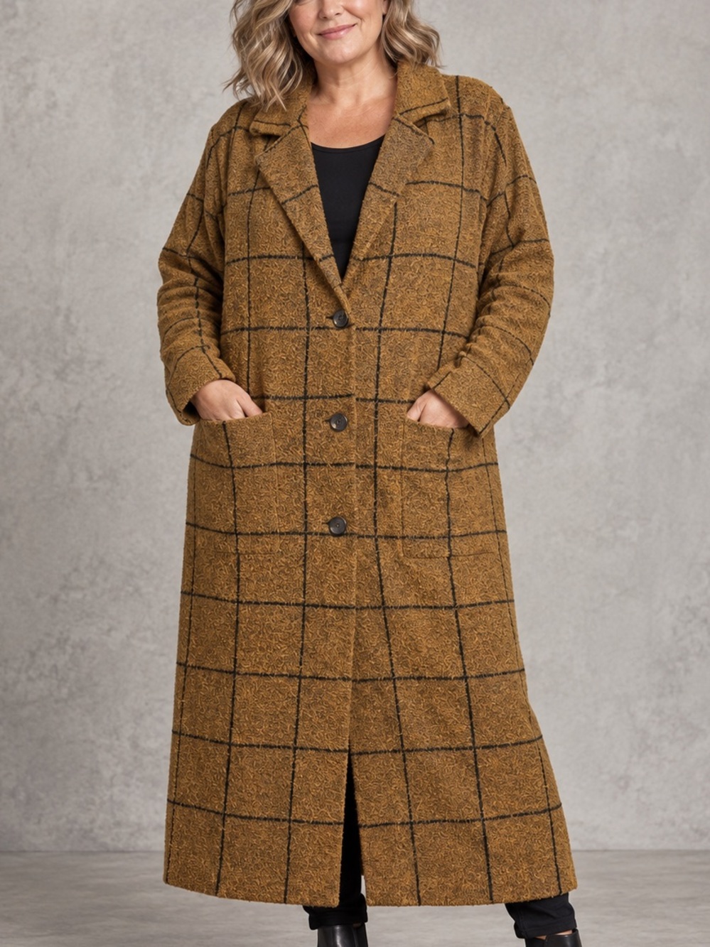 LINE XL Camel Windowpane Plaid Long Sweater Coat Coatiga